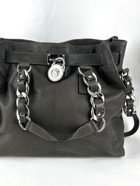 Michael Kors Hamilton Chain Dark Grey Leather Purse Large Satchel Tote Hand Bag